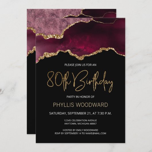 Elegant Burgundy Agate 80th Birthday Invitation (Voorkant / Achterkant)