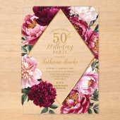 Elegant Burgundy and Blush Peony Floral Birthday Acryl Uitnodigingen (Voorkant)