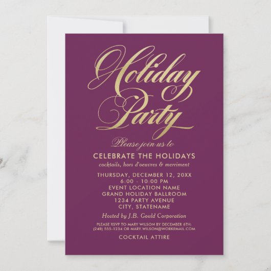 Elegant Burgundy and Gold Script Holiday Party Kaart (Voorkant)