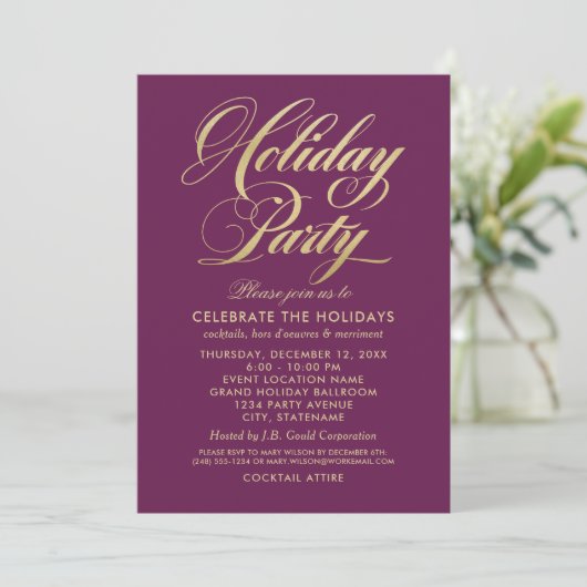 Elegant Burgundy and Gold Script Holiday Party Kaart (Staand voorkant)