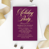 Elegant Burgundy and Gold Script Holiday Party Kaart