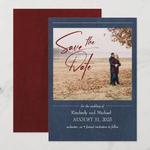 Elegant Burgundy and Navy Blue Save the Date Photo