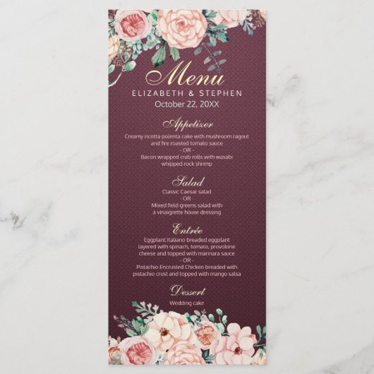 Elégant Burgundy Aquarelle Floral Menu Mariage (Devant)