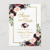 Elegant Burgundy Blue Floral Gold Save the Date Aankondigingskaart (Voorkant)