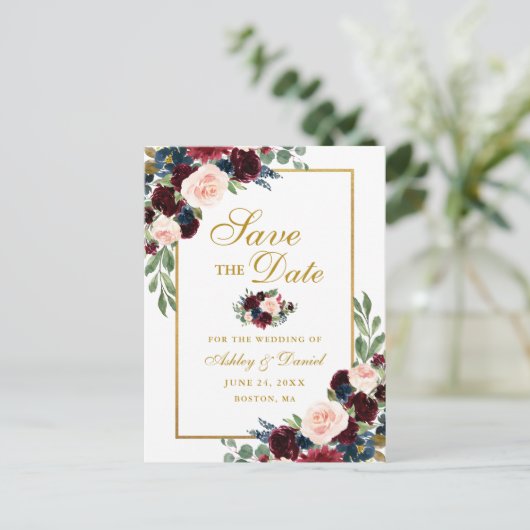 Elegant Burgundy Blue Floral Gold Save the Date Aankondigingskaart (Staand voorkant)