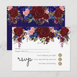Elegant Burgundy Blue Floral Wedding Budget RSVP Uitnodiging Briefkaart