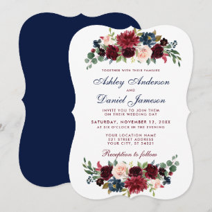 Elegant Burgundy Blue Waterverf Floral Wedding Kaart