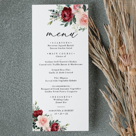 Elegant Burgundy Blush Floral Wedding Menu