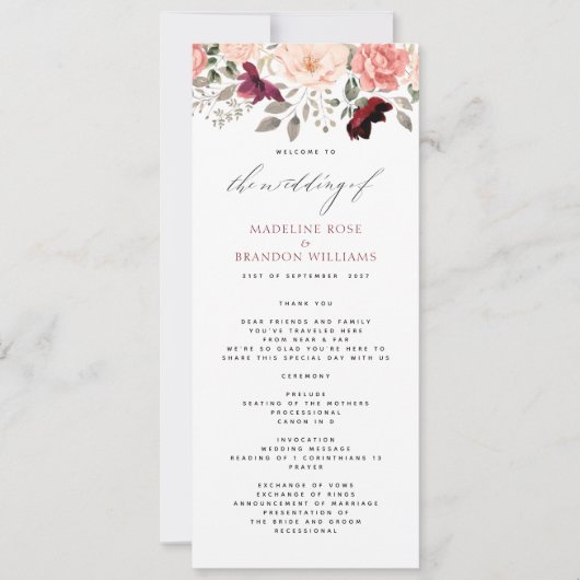 Élégant Burgundy Blush Floral Wedding Programme (Devant)