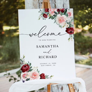 Elegant Burgundy Blush Floral Wedding Welcome Sign Poster