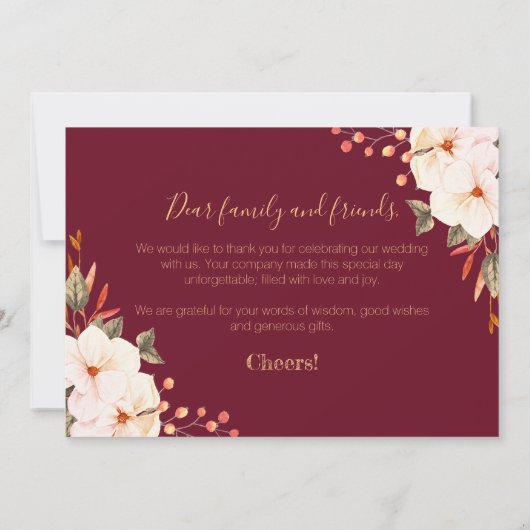 Elegant Burgundy Blush Oranje Floral Bedankkaart (Achterkant)