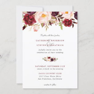 Elegant Burgundy Blush Pink Floral Wedding Kaart