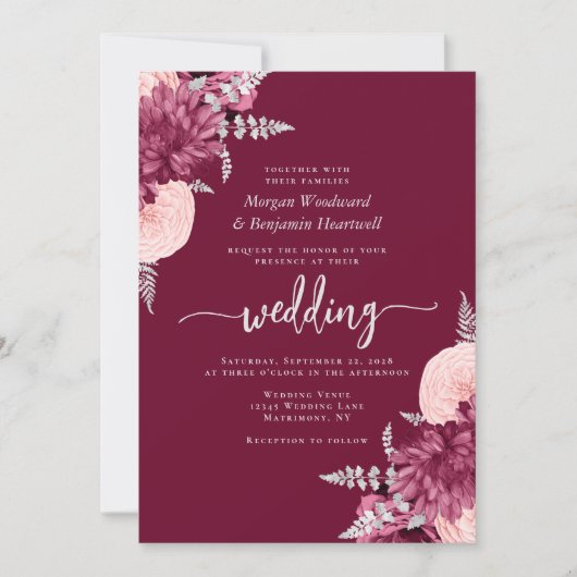 Elegant Burgundy Blush Silver Floral Wedding Kaart (Voorkant)