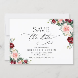Elegant Burgundy Blush Wedding Save the Date Kaart