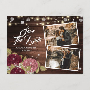 Elegant Burgundy Blush Wood Foto bewaart datum Aankondigingskaart