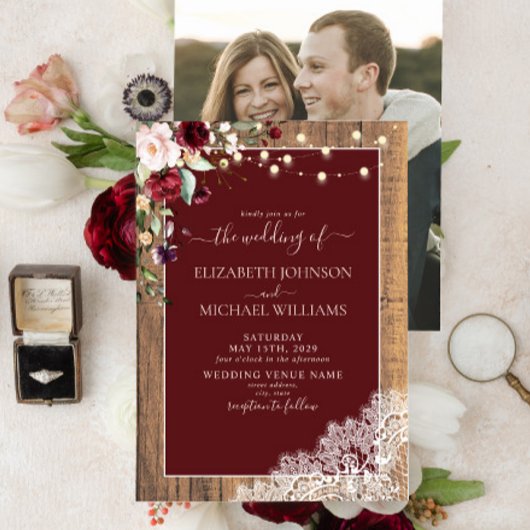 Elegant Burgundy Blush Wood Lace Foto Weddenschap Kaart