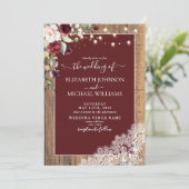 Elegant Burgundy Blush Wood Lace Script Weduwschap Kaart (Staand voorkant)