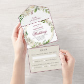 Elegant Burgundy Champagne Gold Roos Wedding All In One Uitnodiging (Afscheurbaar)