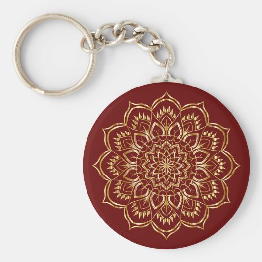 Elegant Burgundy en Gold Floral Mandala Pattern Sleutelhanger (Voorkant)