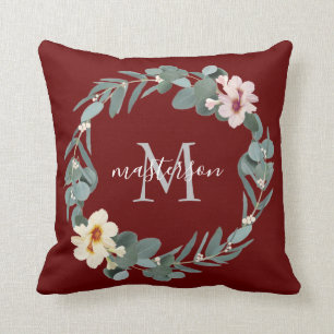 Elegant Burgundy Eucalyptus Floral Monogram Kussen