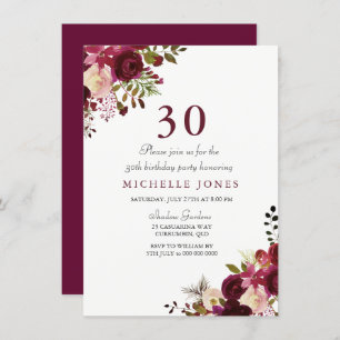 Elegant Burgundy Floral 30th Birthday Invitation Kaart