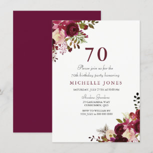 Elegant Burgundy Floral 70th Birthday Invitation Kaart