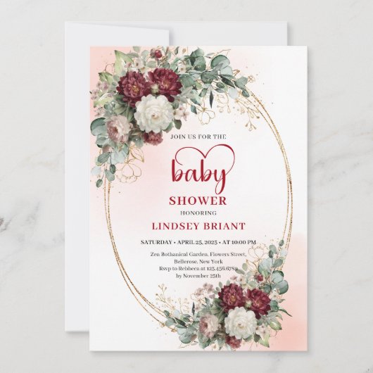 Elegant Burgundy Floral Baby Shower Invitation (Devant)