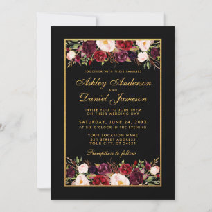 Elegant Burgundy Floral Black Gold Lijst Weddensch Kaart