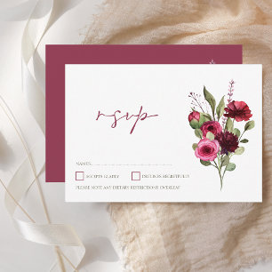 Elegant Burgundy Floral Bouquet Wedding RSVP Kaartje