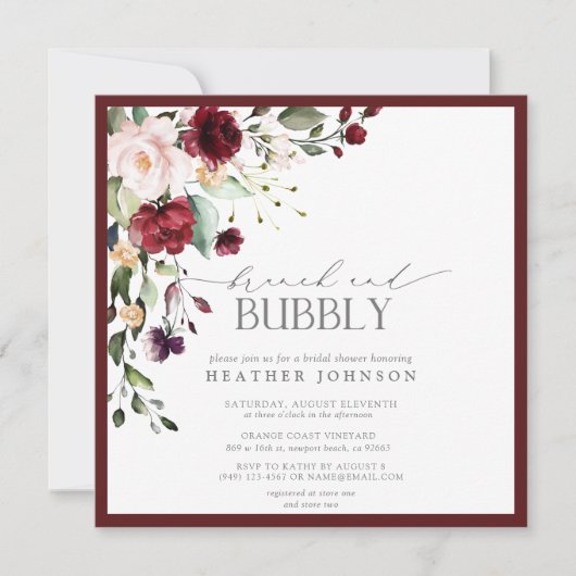 Elegant Burgundy Floral Brunch & Bubble Shower Kaart (Voorkant)