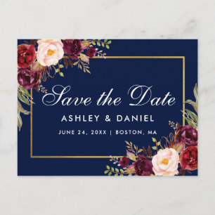 Elegant Burgundy Floral Gold Blue bewaart de datum Aankondigingskaart