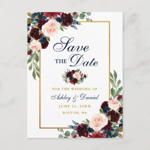 Elegant Burgundy Floral Gold Blue Save the Date Aankondigingskaart