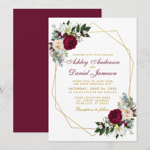 Elegant Burgundy Floral Greenery Gold Wedding Kaart