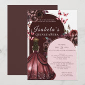 Elegant Burgundy Floral Quinceanera Invitation (Devant / Derrière)