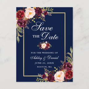 Elegant Burgundy Floral redt de datum Gold Blue Aankondigingskaart