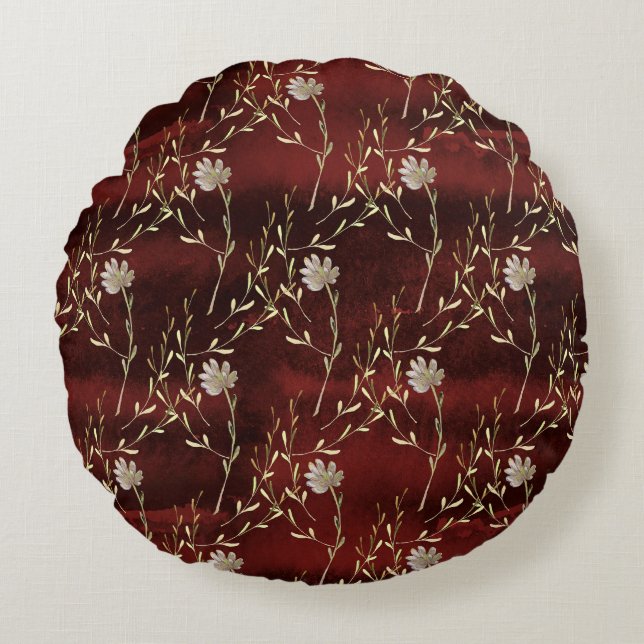 Elegant Burgundy Floral Rond Kussen (Voorkant)