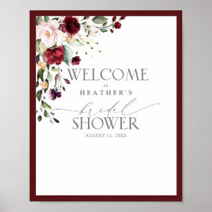 Elegant Burgundy Floral Waterverf Shower Welkom Poster