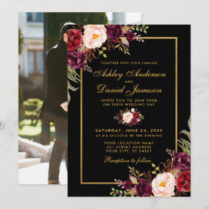 Elegant Burgundy Floral Wedding Black Gold Foto Kaart
