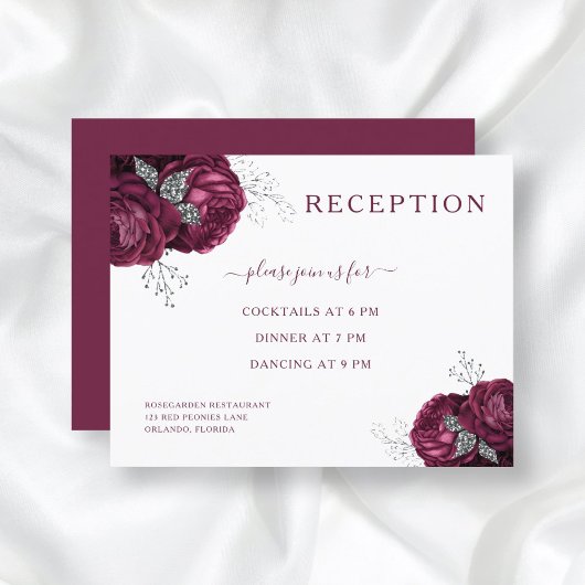 Elegant Burgundy Floral Wedding Reception Informatiekaartje