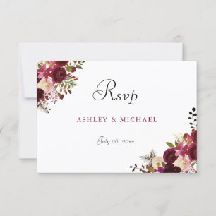 Elegant Burgundy Floral Wedding RSVP Kaartje