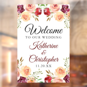 Elegant Burgundy Floral Welkom bij ons huwelijk Raamsticker