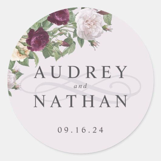 Elegant Burgundy Flower Personalized Wedding Ronde Sticker (Voorkant)