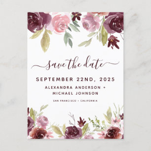 Elegant Burgundy Flowers Floral Save the Date Aankondigingskaart
