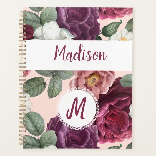 Elegant Burgundy Flowers Trendy Monogram Planner (Voorkant)