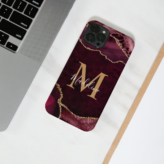 Elegant Burgundy Gold Agate Geode Monogram iPhone Hoesje