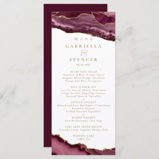 Elégant Burgundy Gold Agate Menu Mariage (Devant / Derrière)