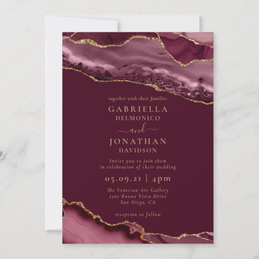 Elegant Burgundy Gold Agate Wedding Invitation Kaart (Voorkant)