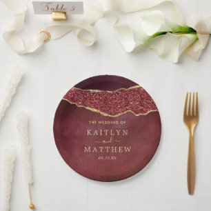 Elegant Burgundy & Gold Agate Wedding Papieren Bordje