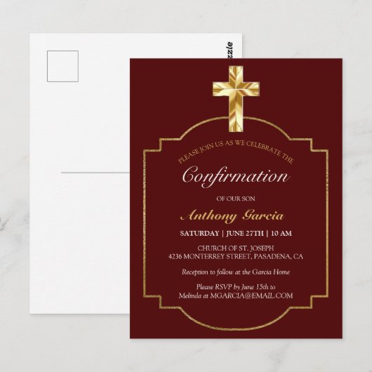 Elégant Burgundy Gold Boys Confirmation Invitation (Devant / Derrière)