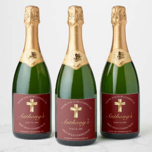 Elegant Burgundy Gold Cross 1st Commune Sparkling Wijnetiket